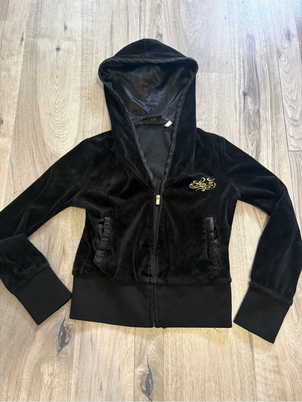 Karl Kani ladies black velour zip-up hoodie with gold crest back graphic